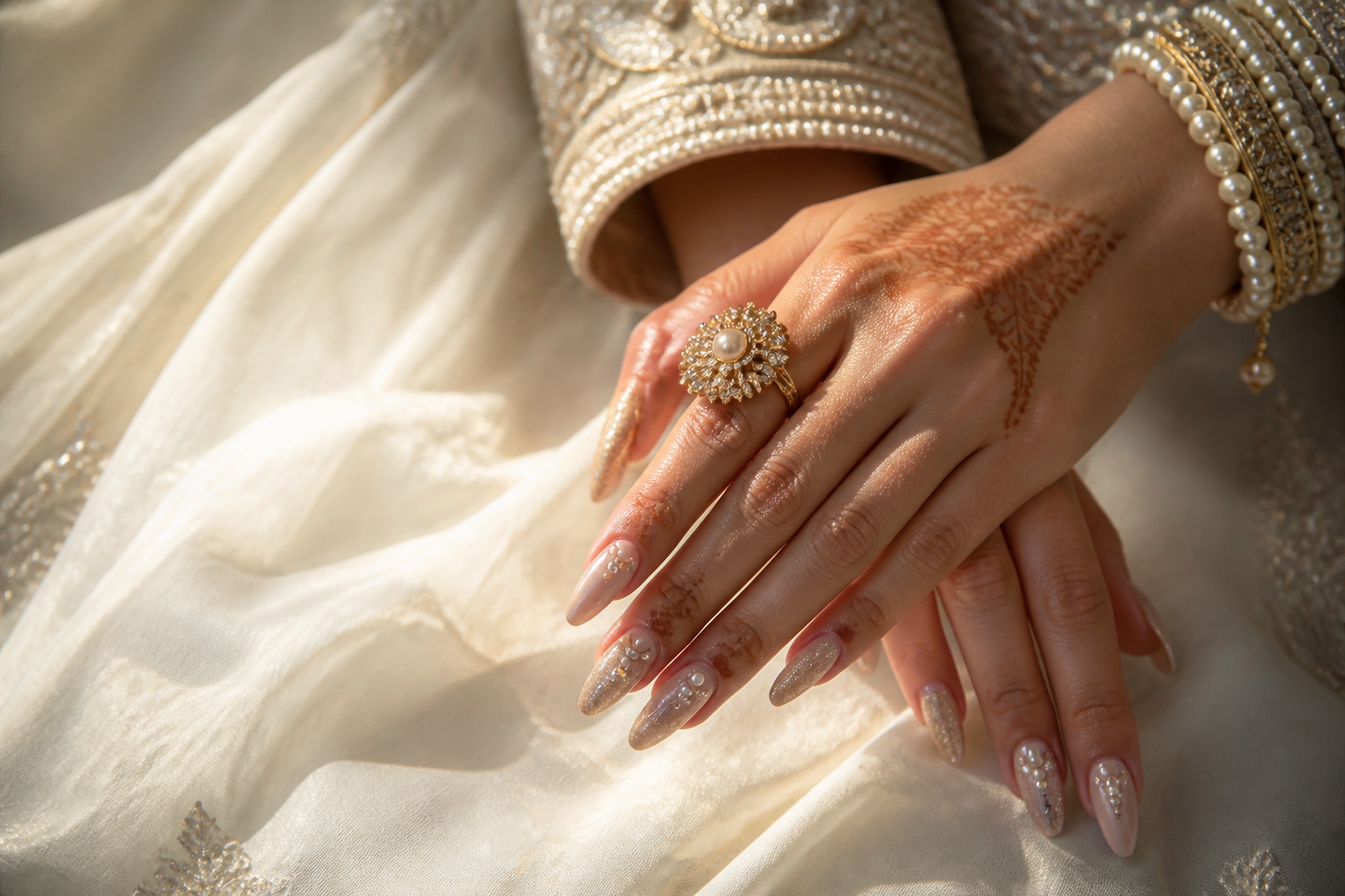 Bridal nude press-on nails with pearls