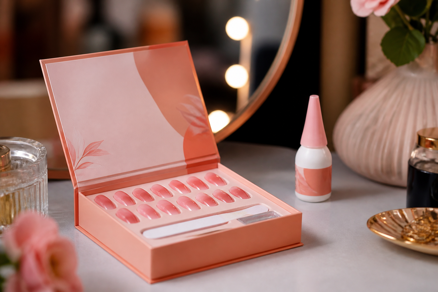 Happy Nails kits on a vanity